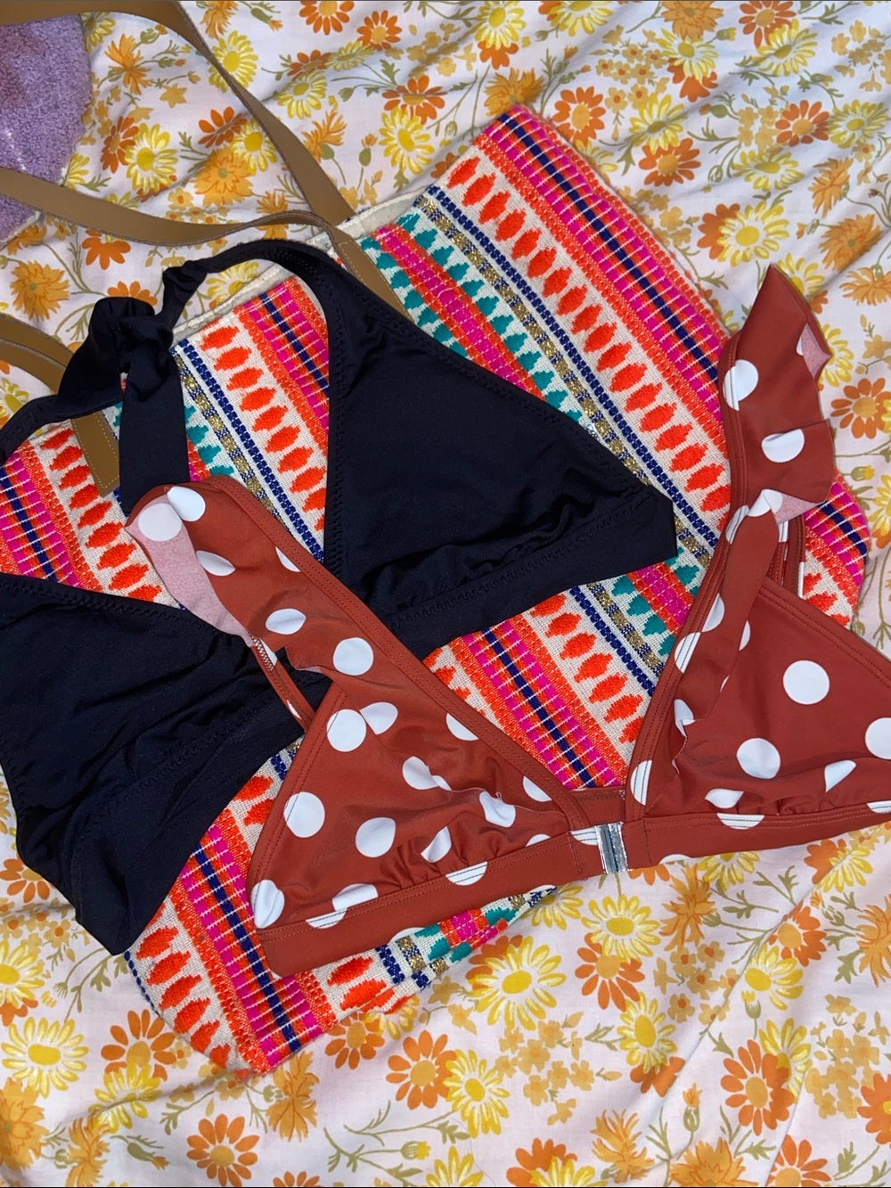 2 BIKINI TOPS BROWN & WHITE POLKA DOTS + BLACK Ruffles Small & Medium